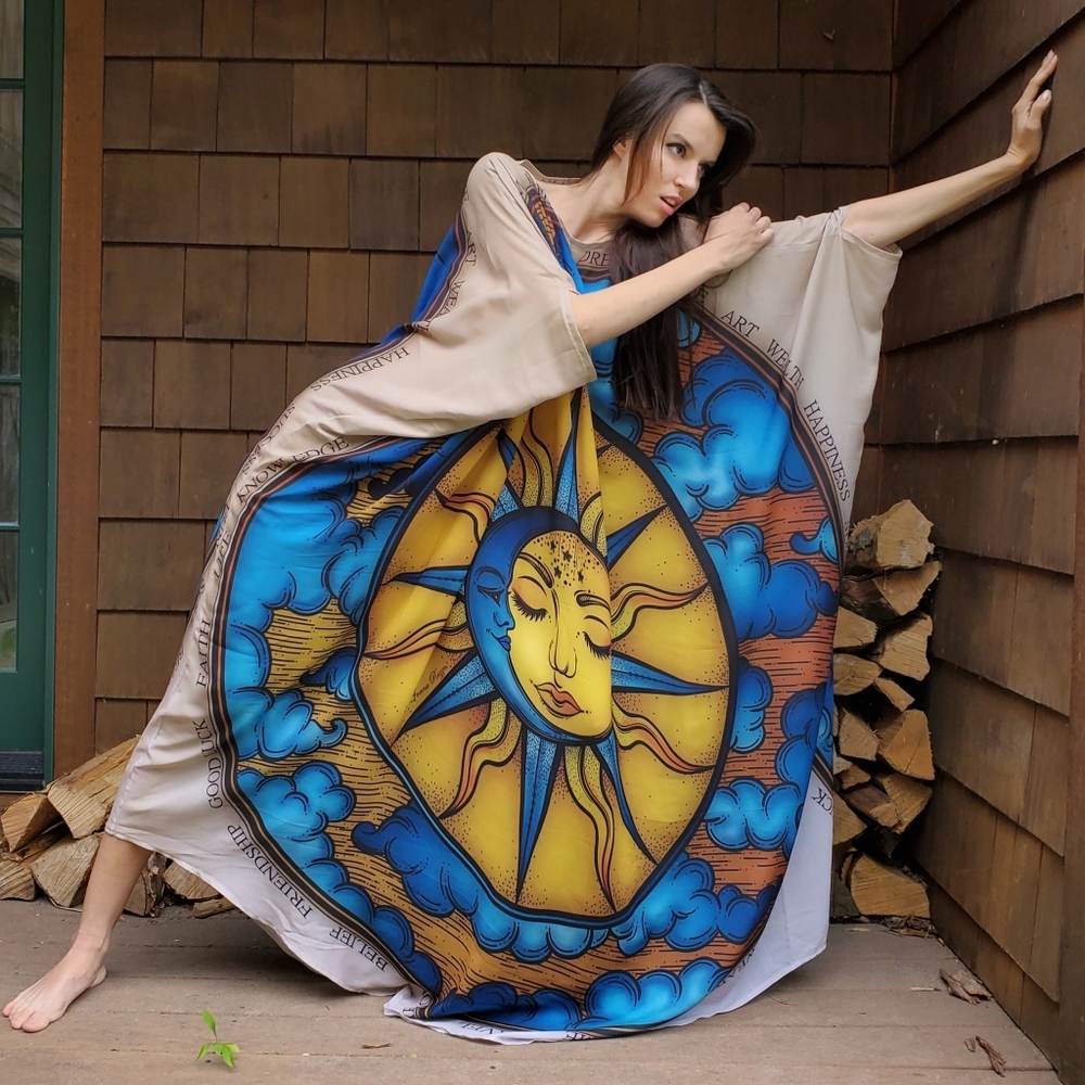 Luxury Designer Resort Wear Boho Maxi Dress Unique Esoteric Moon Sun Star